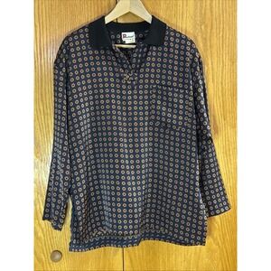 VTG R D'infinitif Paris 60s 70s Blouse Blue Geometric Collar Long Sleeve Wm M L